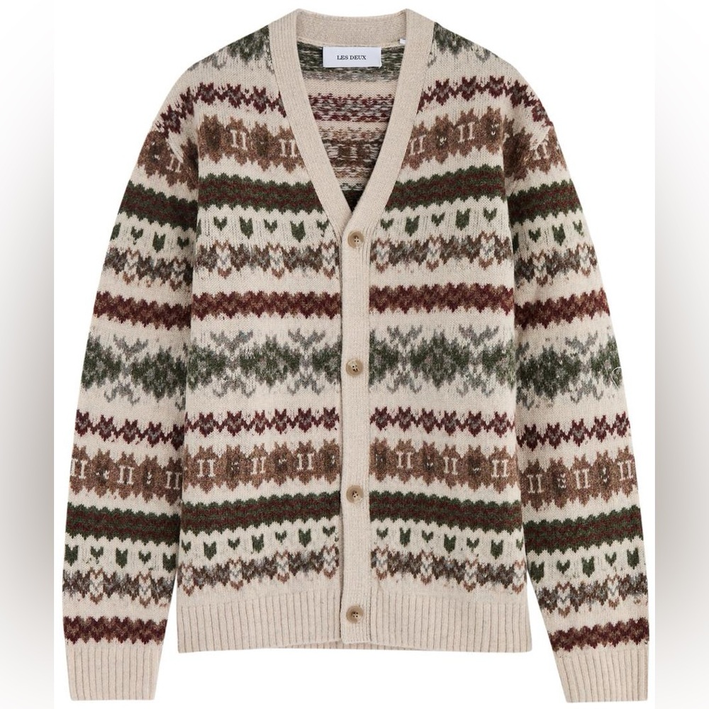 Les Deux Hordur Fair Isle Wool Cardigan Men Size Medium Brown Cream Patterned